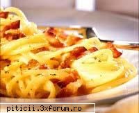 1/2 kilogram spaghete
3 linguri ulei de masline
3 oua batute
1/2 cana de parmezan
1 cana de sunca